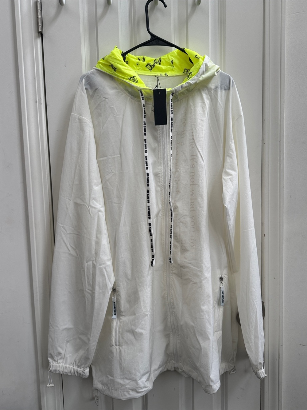 Men's White Windbreaker with Neon Yellow Hood